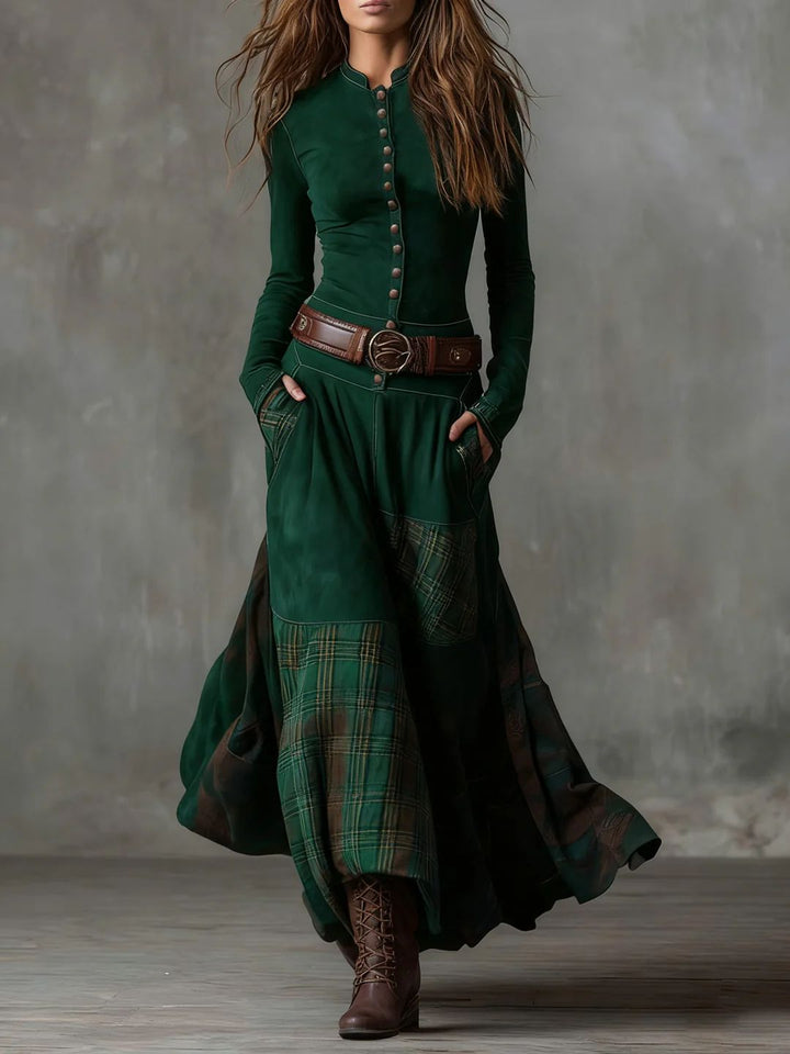 Scarlett | Vintage Long Dress in Navy Blue Suede Check (Includes Belt)