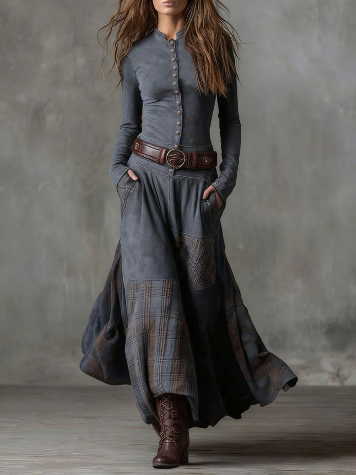 Scarlett | Vintage Long Dress in Navy Blue Suede Check (Includes Belt)