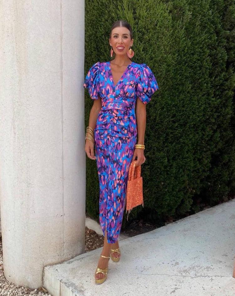 Serena™ | Vibrant Midi Dress with Puff Sleeves