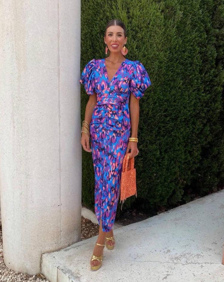 Serena™ | Vibrant Midi Dress with Puff Sleeves