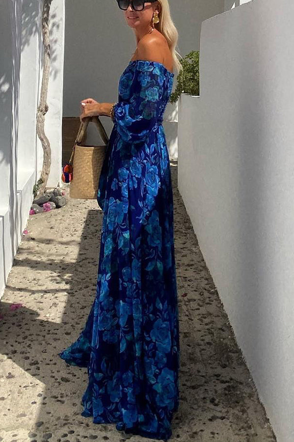 Charlotte™ | Long Floral Print Dress with Off-the-Shoulder Sleeves