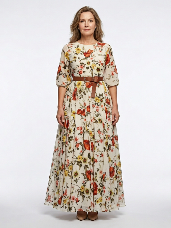 Oriana | Round Neck Three Quarter Sleeve Belted Maxi Dress
