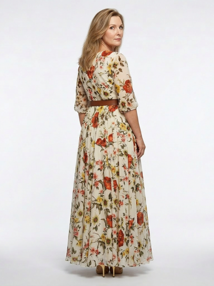 Oriana | Round Neck Three Quarter Sleeve Belted Maxi Dress