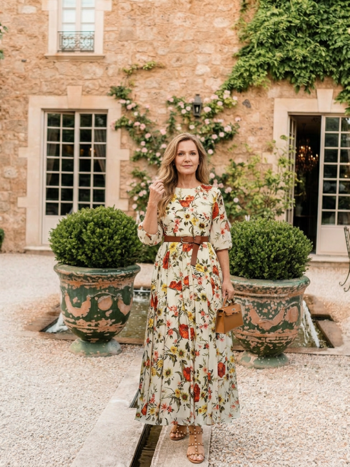 Oriana | Round Neck Three Quarter Sleeve Belted Maxi Dress
