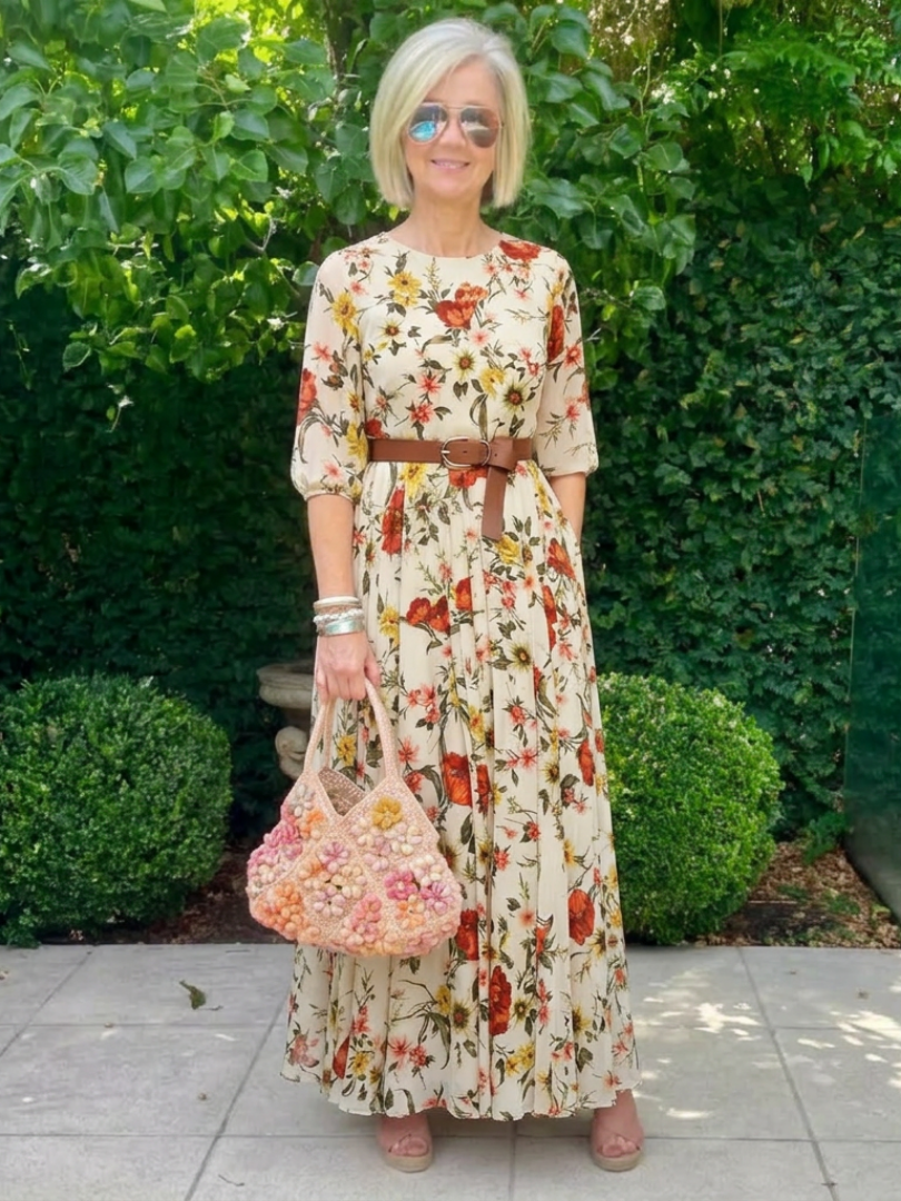 Oriana | Round Neck Three Quarter Sleeve Belted Maxi Dress