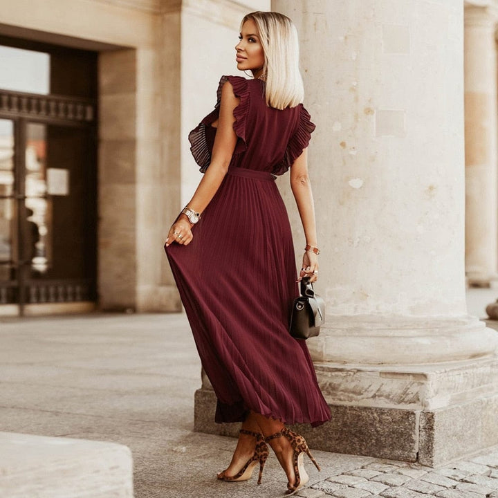 Clementine™ - Dark Red Bohemian Party Dress With V-Neck