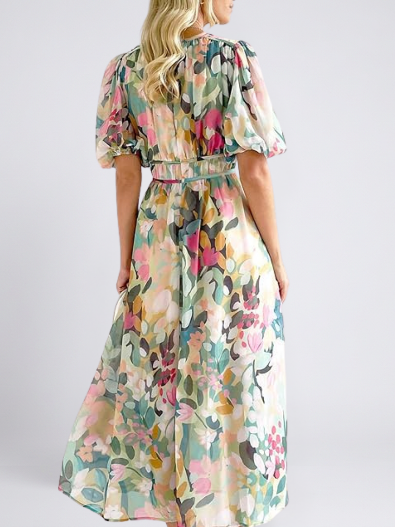 Lillian | V Neck Short Sleeve Gathered Waist Midi Dress