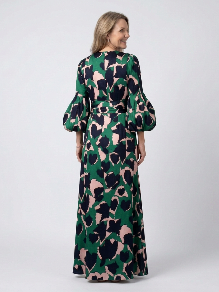 Zafrina | V Neck Tie Waist Long Sleeve Maxi Dress