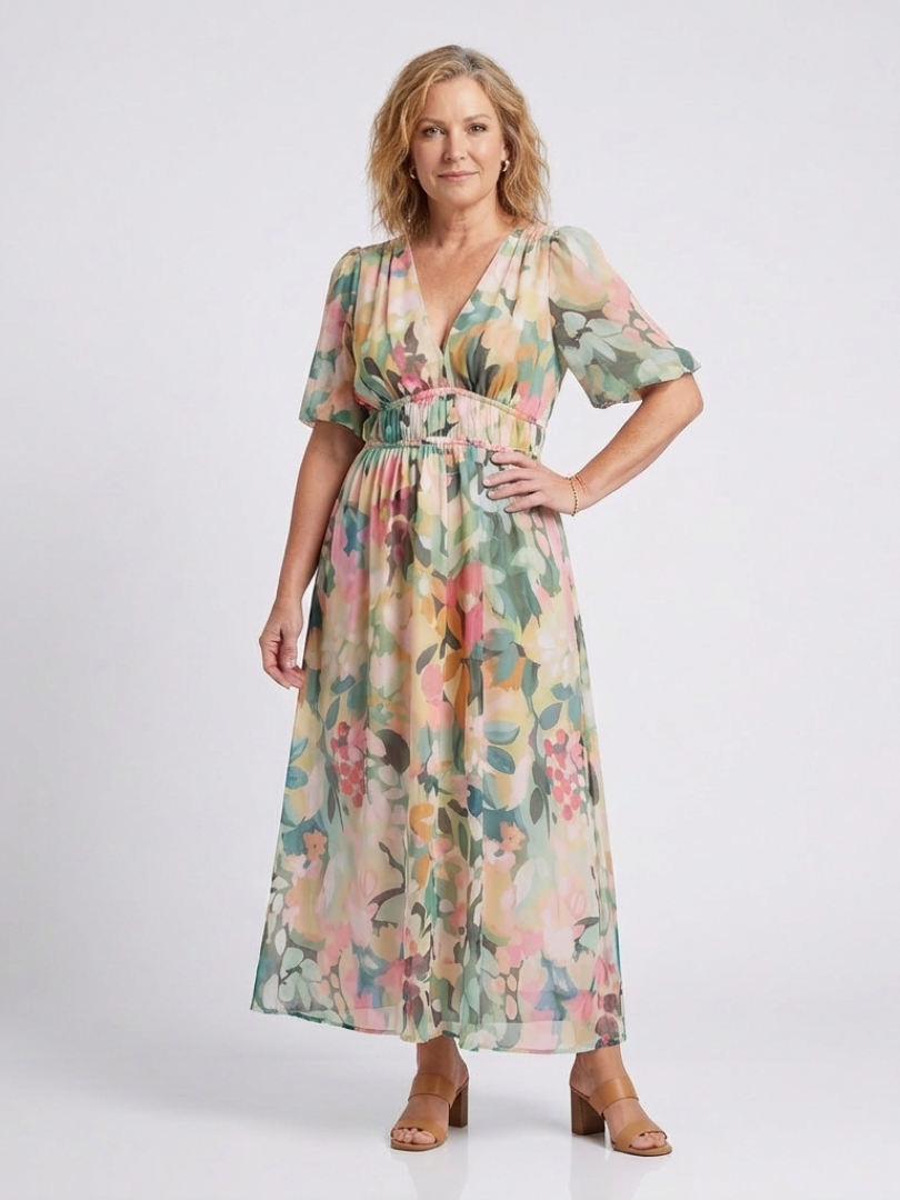 Lillian | V Neck Short Sleeve Gathered Waist Midi Dress