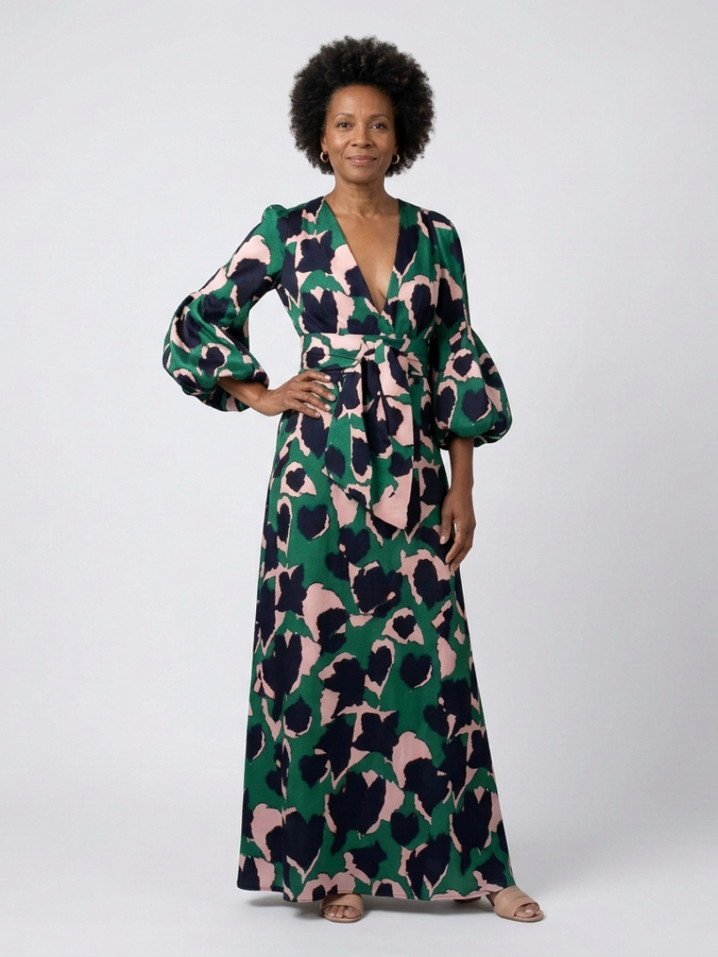 Zafrina | V Neck Tie Waist Long Sleeve Maxi Dress