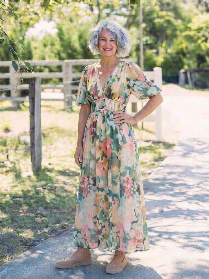 Lillian | V Neck Short Sleeve Gathered Waist Midi Dress