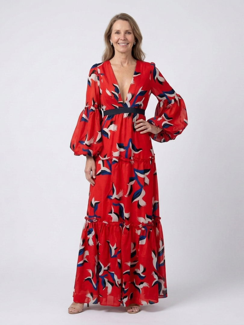 Zafrina | V Neck Tie Waist Long Sleeve Maxi Dress
