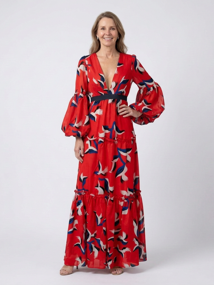 Zafrina | V Neck Tie Waist Long Sleeve Maxi Dress