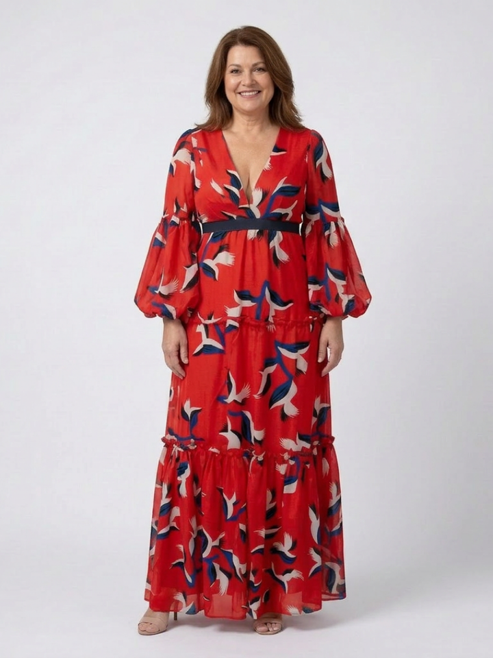 Zafrina | V Neck Tie Waist Long Sleeve Maxi Dress