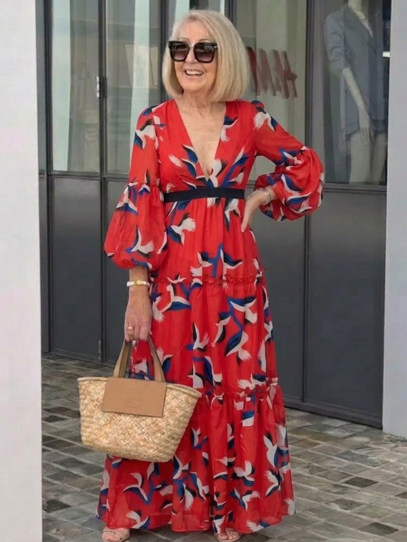 Zafrina | V Neck Tie Waist Long Sleeve Maxi Dress
