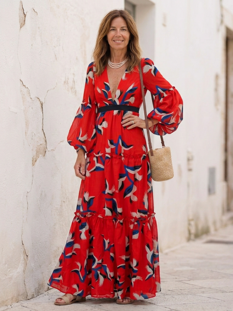 Zafrina | V Neck Tie Waist Long Sleeve Maxi Dress