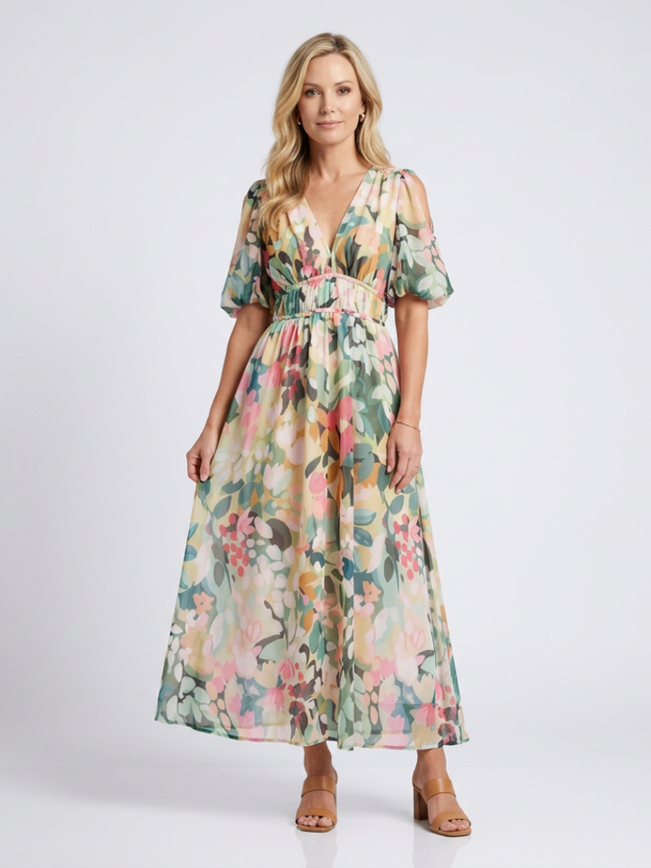 Lillian | V Neck Short Sleeve Gathered Waist Midi Dress