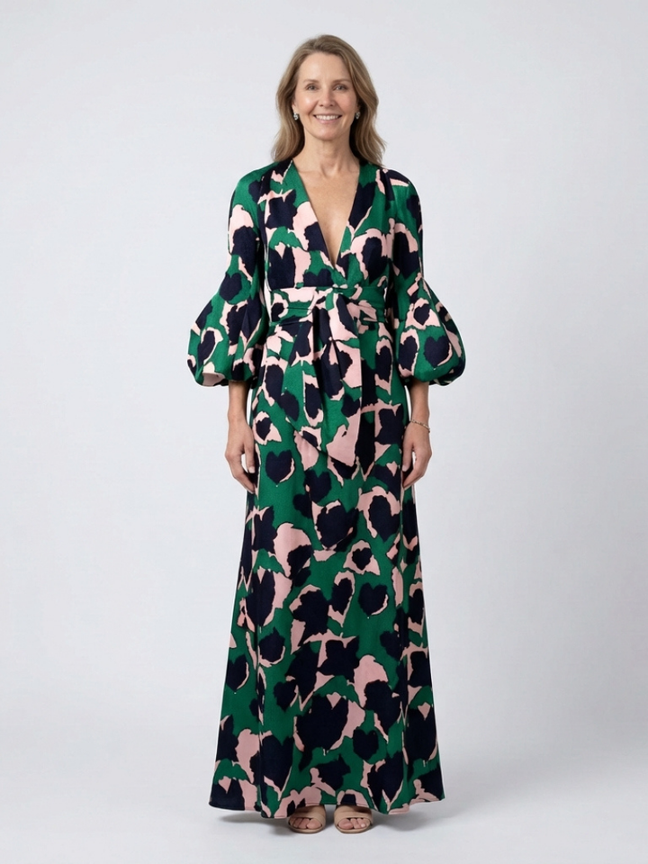 Zafrina | V Neck Tie Waist Long Sleeve Maxi Dress