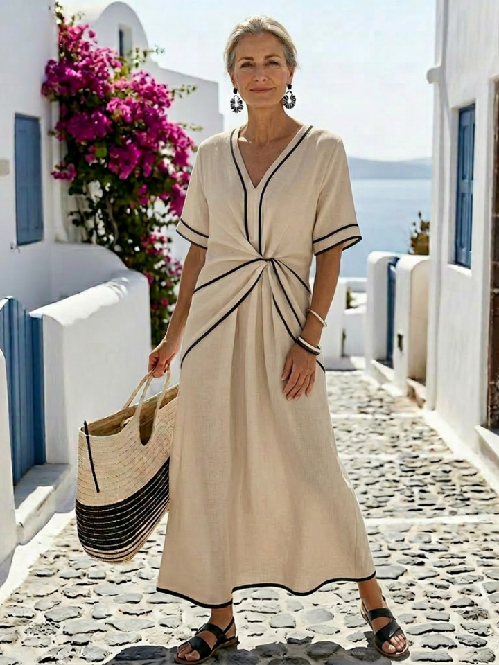 Virelle | V Neck Short Sleeve Gathered Waist Midi Dress