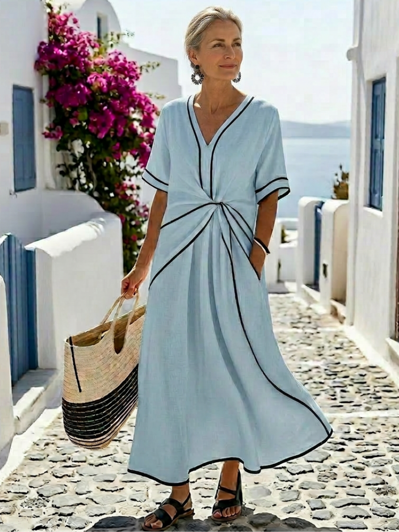 Virelle | V Neck Short Sleeve Gathered Waist Midi Dress