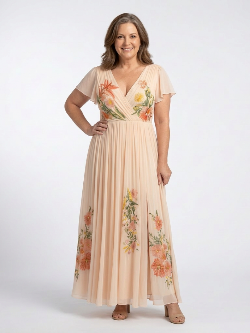 Corinne | V Neck Short Sleeve Pleated Floral Maxi Dress