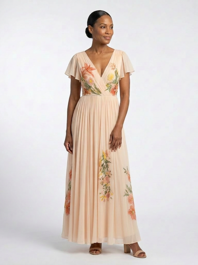 Corinne | V Neck Short Sleeve Pleated Floral Maxi Dress