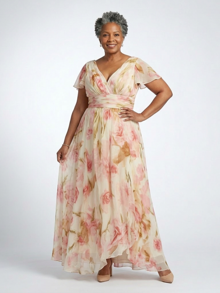 Elowen | V Neck Short Sleeve Floral Maxi Dress