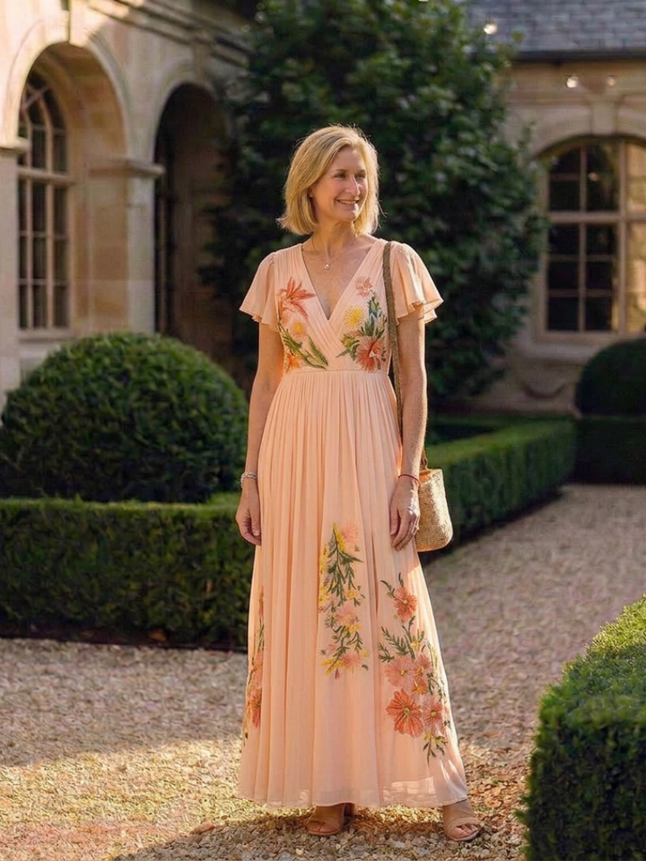 Corinne | V Neck Short Sleeve Pleated Floral Maxi Dress