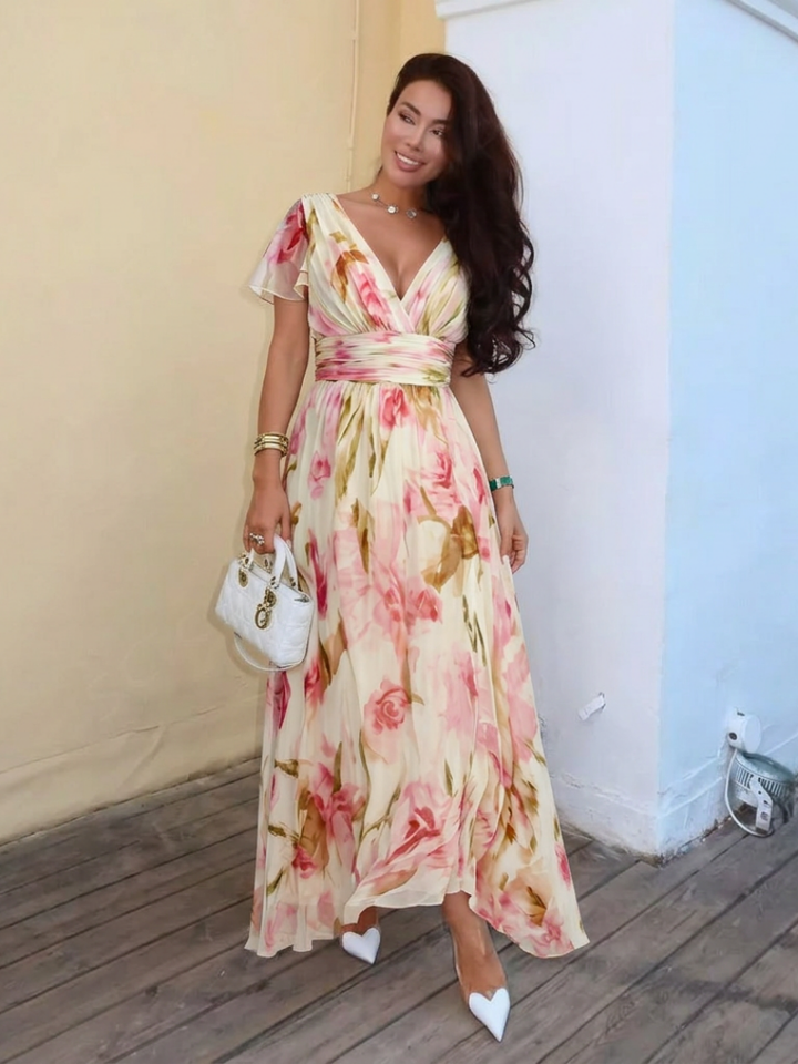 Elowen | V Neck Short Sleeve Floral Maxi Dress