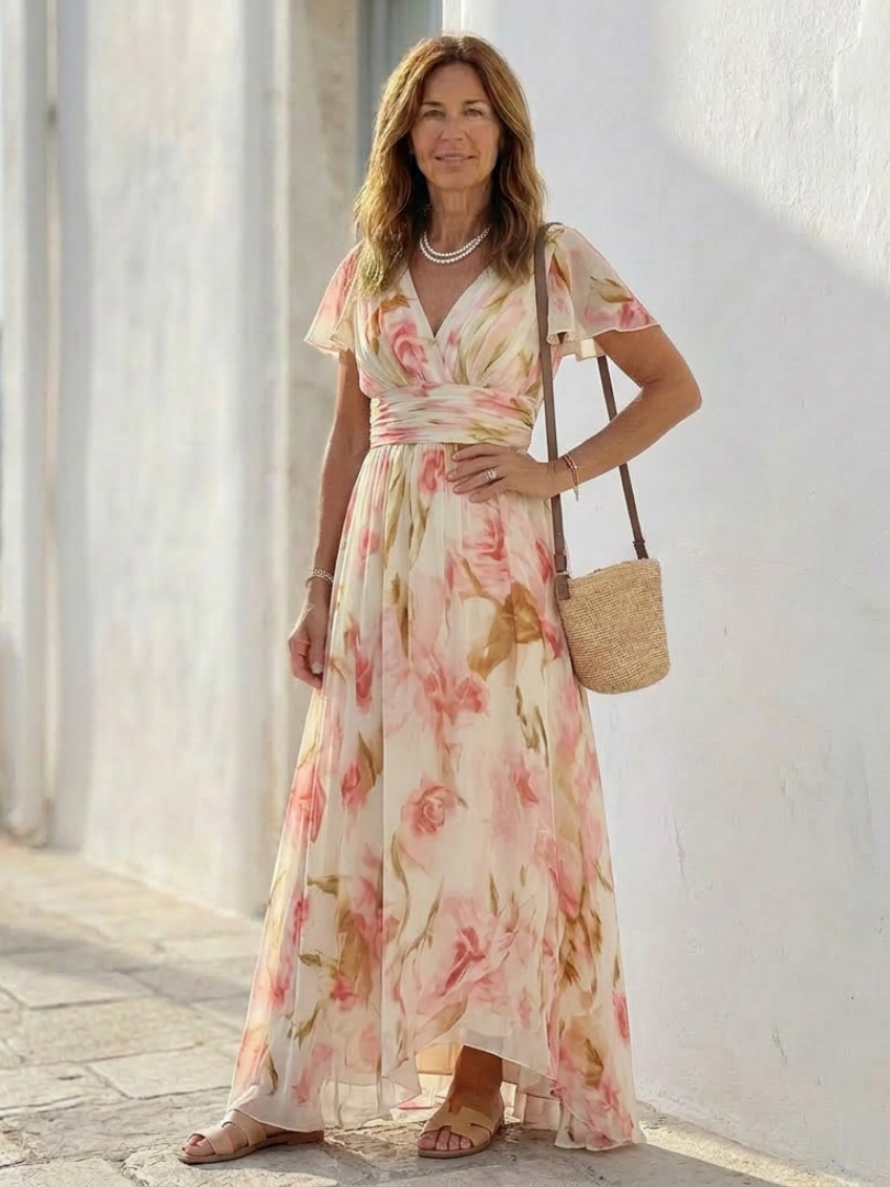 Elowen | V Neck Short Sleeve Floral Maxi Dress