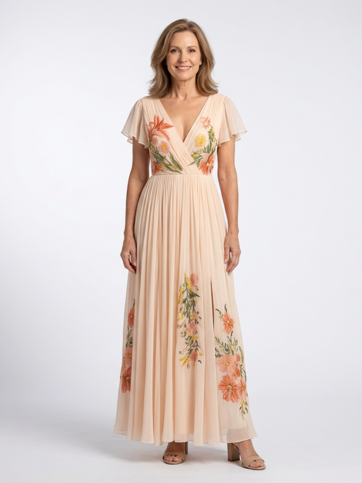 Corinne | V Neck Short Sleeve Pleated Floral Maxi Dress
