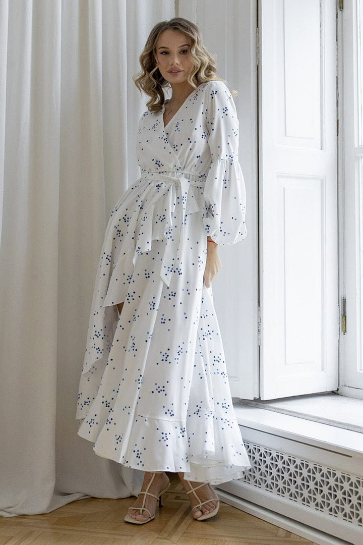 April™ - White Boho Chic Dress with Blue Polka Dots