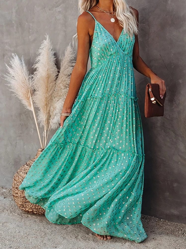 Daisy™ - Green Maxi Dress With V-Neck And Summery Hawaii Print