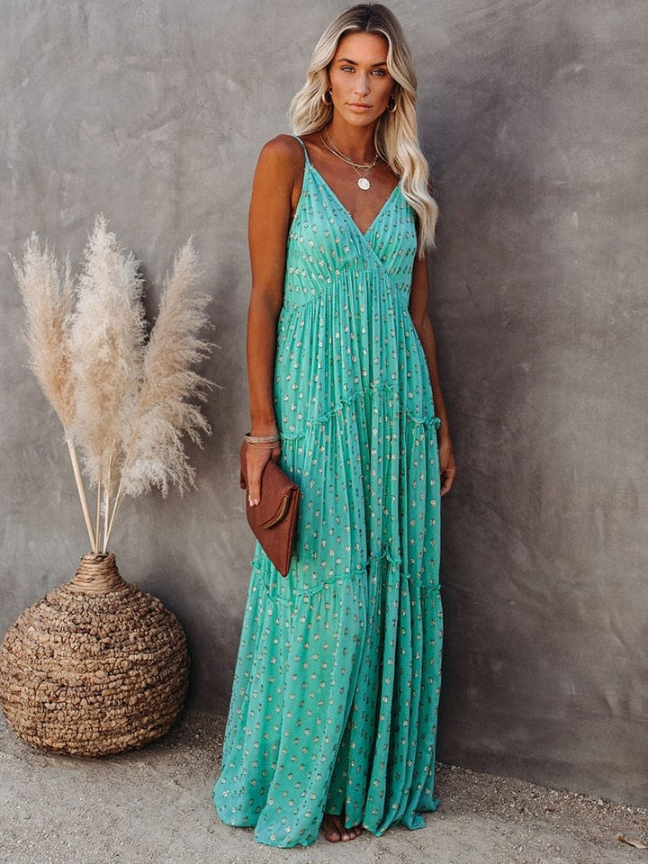 Daisy™ - Green Maxi Dress With V-Neck And Summery Hawaii Print