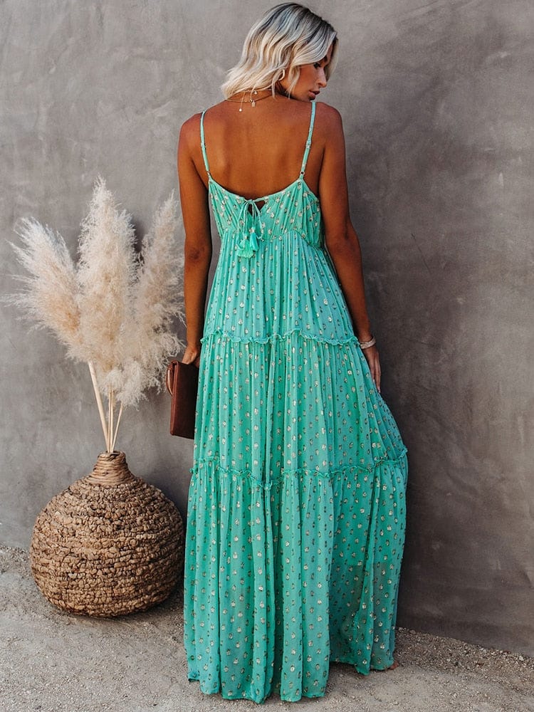 Daisy™ - Green Maxi Dress With V-Neck And Summery Hawaii Print