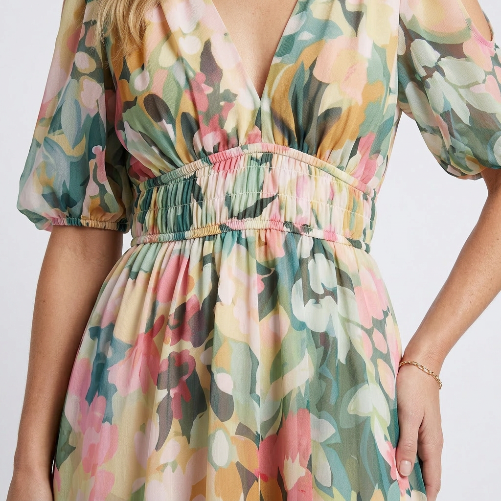 Lillian | V Neck Short Sleeve Gathered Waist Midi Dress