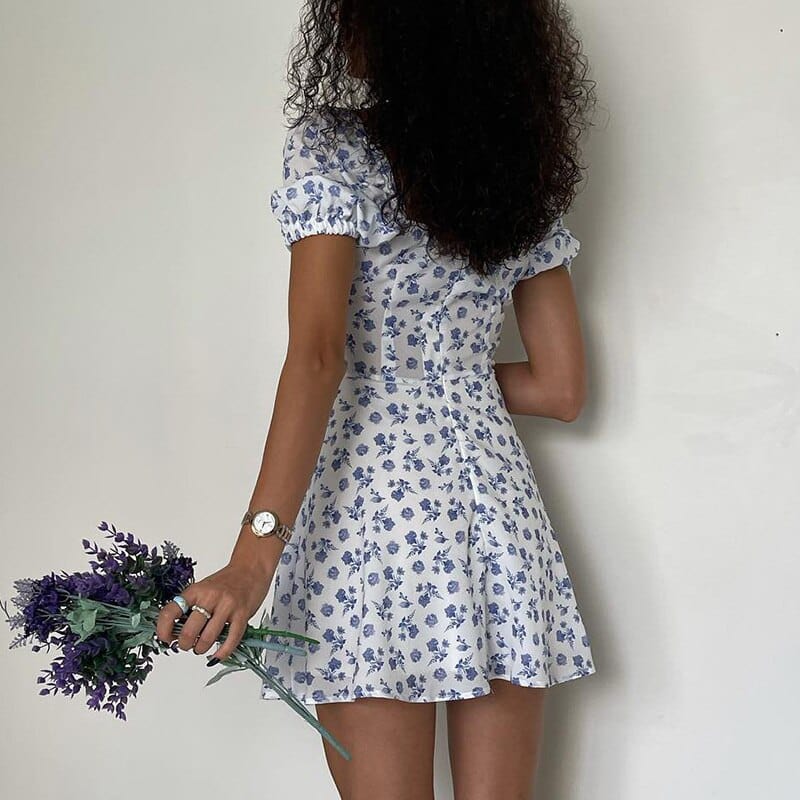 Sarah™ - Short White Summer Dress With Boho Floral Print