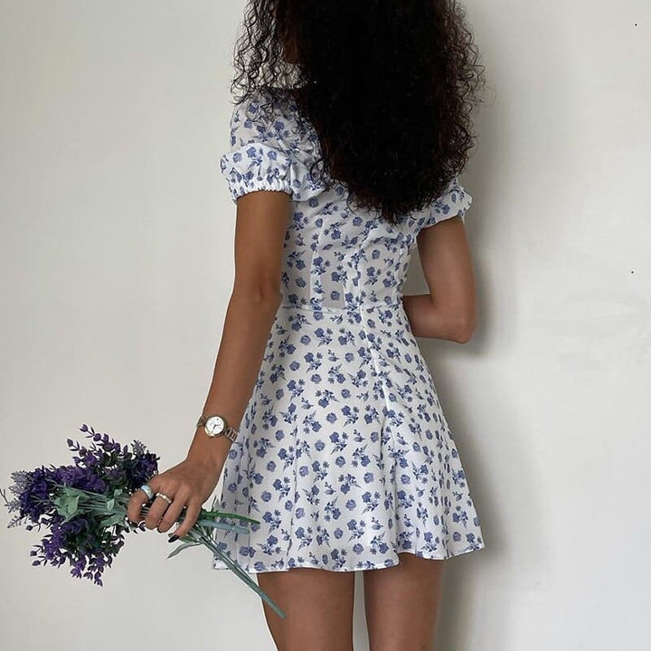 Sarah™ - Short White Summer Dress With Boho Floral Print