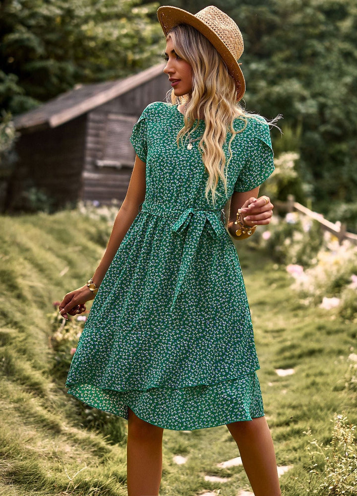 Nalani™ - Short Green Bohemian Dress With Print