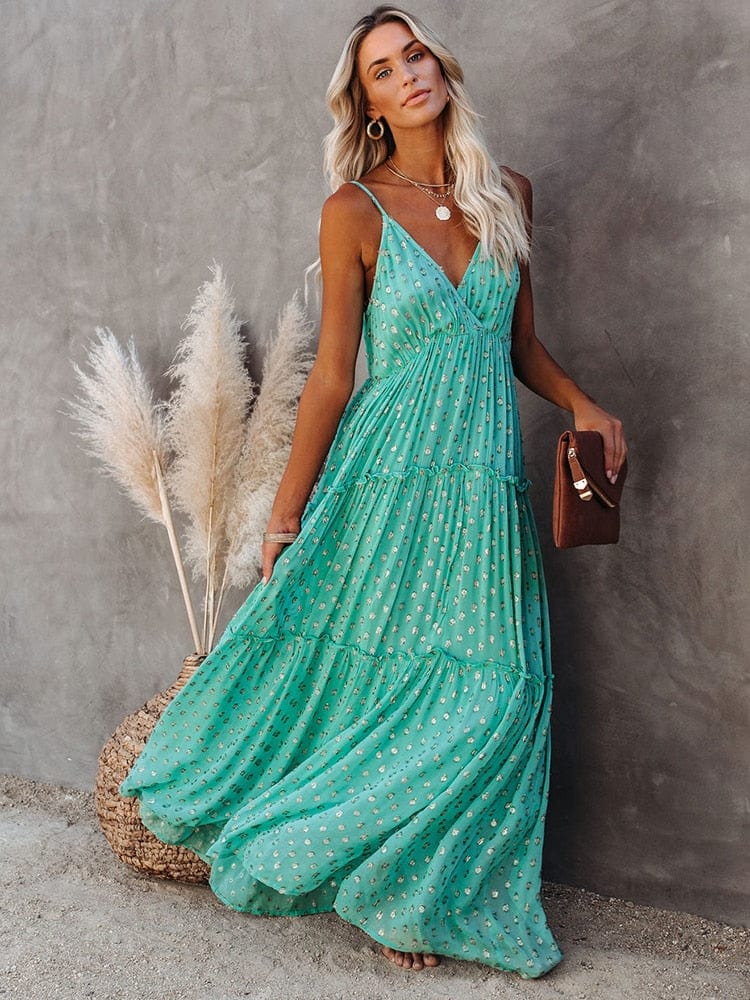 Daisy™ - Green Maxi Dress With V-Neck And Summery Hawaii Print