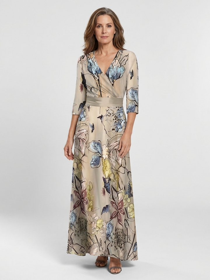 Ismeria | Three Quarter Sleeve Floral Maxi Wrap Dress