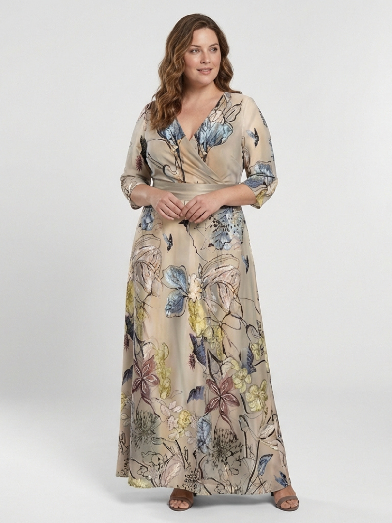 Ismeria | Three Quarter Sleeve Floral Maxi Wrap Dress