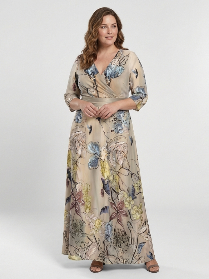 Ismeria | Three Quarter Sleeve Floral Maxi Wrap Dress