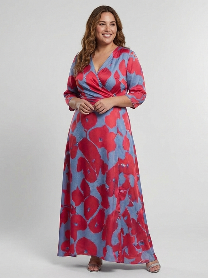 YYsolde | Three Quarter Sleeve V Neck Floral Maxi Dress