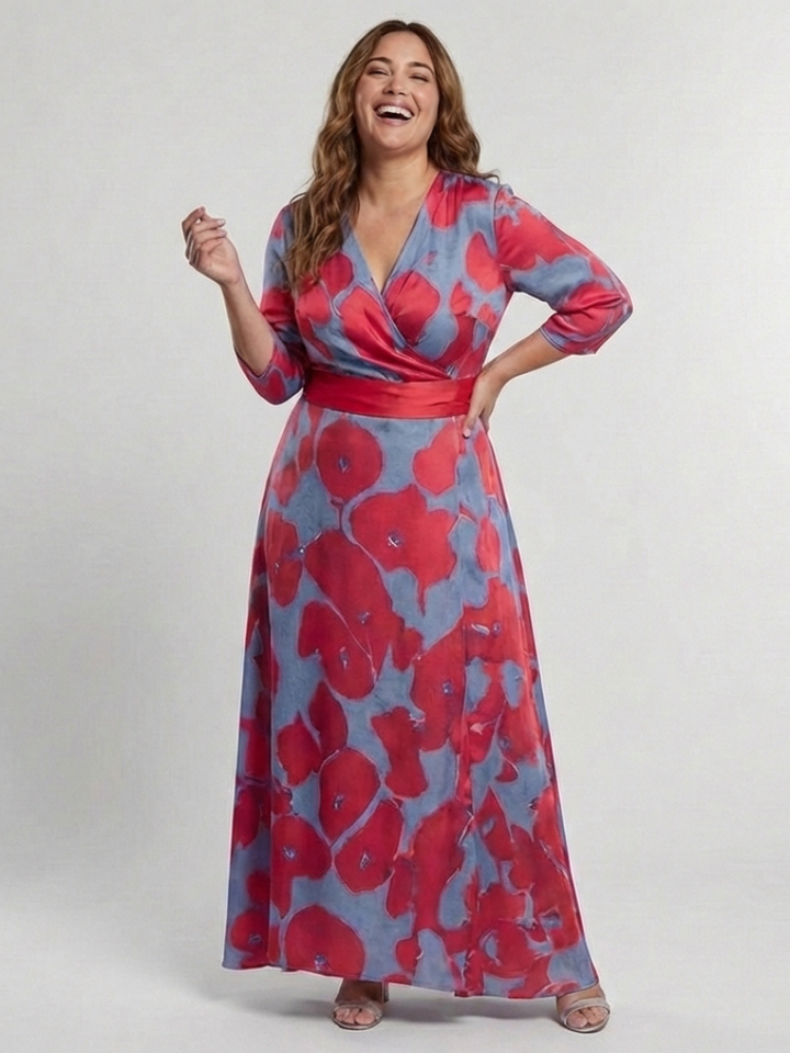 YYsolde | Three Quarter Sleeve V Neck Floral Maxi Dress