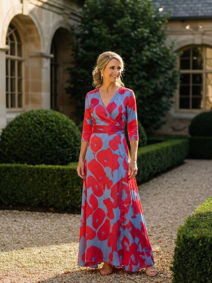 YYsolde | Three Quarter Sleeve V Neck Floral Maxi Dress