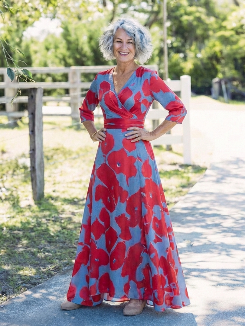 YYsolde | Three Quarter Sleeve V Neck Floral Maxi Dress