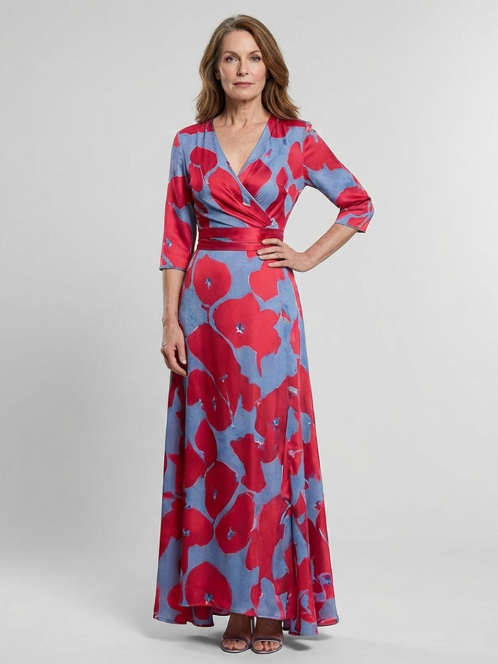 YYsolde | Three Quarter Sleeve V Neck Floral Maxi Dress