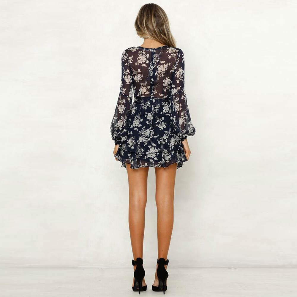 Melody™ - Short Blue Spring Dress With V-Neck And Blue Floral Print