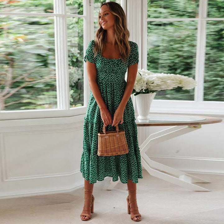 Lily™ - Bohemian Green Midi Dress With Puff Sleeve